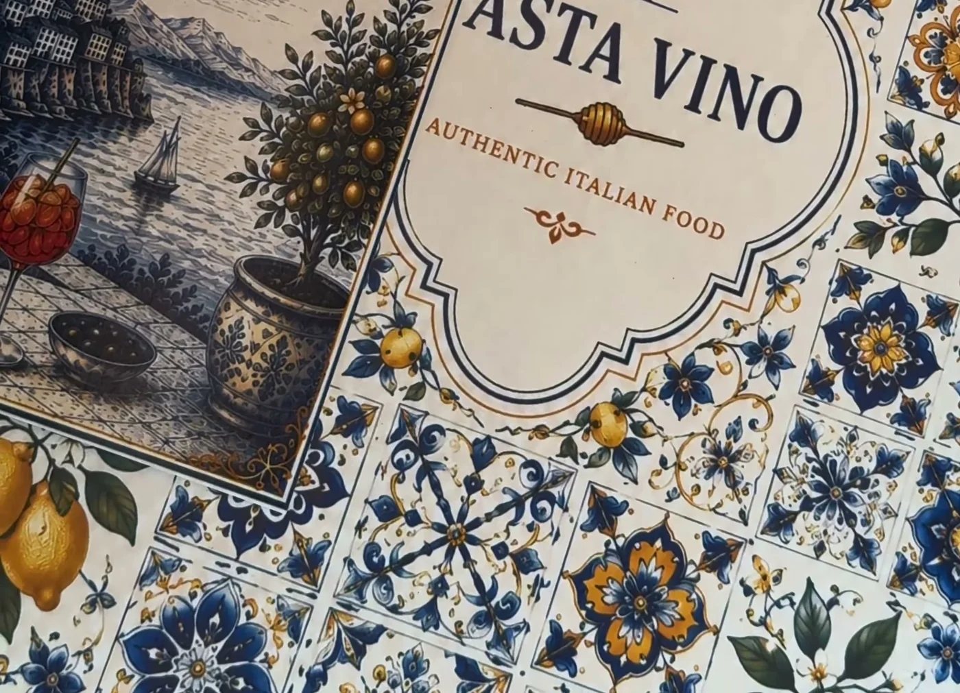 Pasta Vino sin trykte meny med amalfikyst-illustrasjon og middelhavsfliser